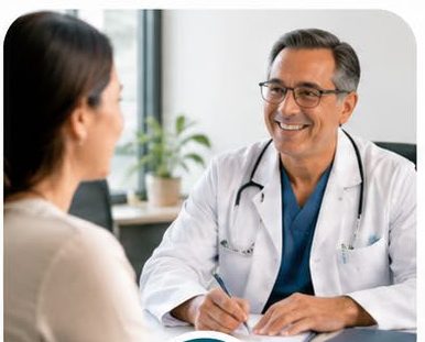 Médico en consulta tomando notas frente a una paciente