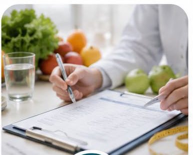 Manos completando una pauta de alimentación junto a frutas y verduras
