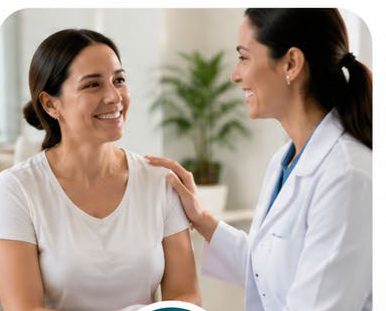 Profesional de la salud acompañando a una paciente que sonríe